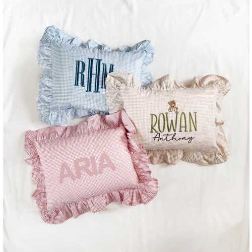 12x16 in Personalized Embroidery Name or Monogram Pillow Cover, Gingham Ruffled Cushion