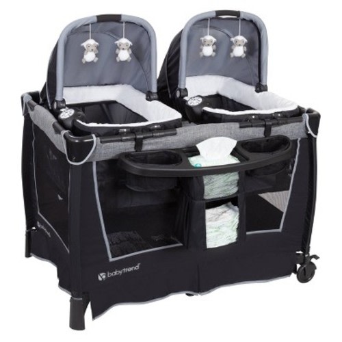 Baby Trend Retreat Twins Nursery Center - Quarry: Deluxe Playard with Bassinets, Locking Wheels & Carrying Bag