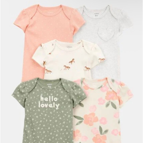 Baby Girl 5-Pack Floral Horses Short-Sleeve Cotton Bodysuits - Pink/Green | Carter's