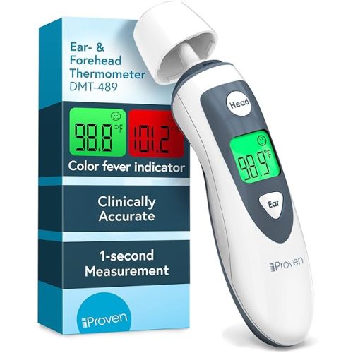 iProven Digital Thermometer for Adults Kids and Baby - Ear and Forehead 2-in-1, 1 Second Reading, Fever Alarm with Color Indicator, 20 Memory Recall - Medical Infrared Thermometer For The Whole Family