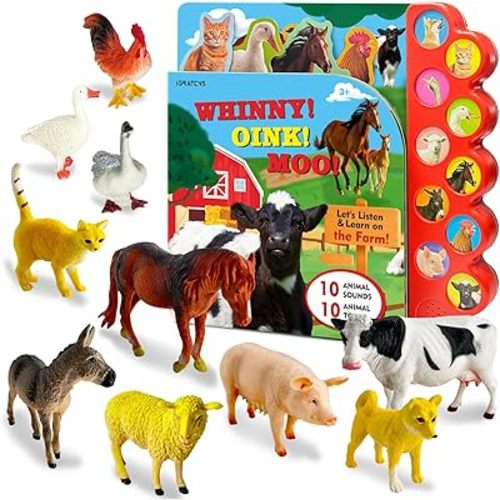 Farm Animals Figures Toys with Sound Books, 10PCS Farm Animals for Toddlers & Animal Sound Books with 10 Buttons, Plastic Animals, Farm Toys for Toddlers 3-5, Animal Lover Gifts for Kids