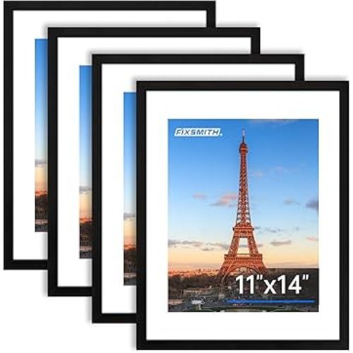 FIXSMITH 11x14 Picture Frame Bulk-4 Pack, Photo Frame with HD Plexiglass, Display Pictures 8x10 with Mat or 11x14 Without Mat, Black Picture Frames Collage Wall Decor, Gallary Wall Frame