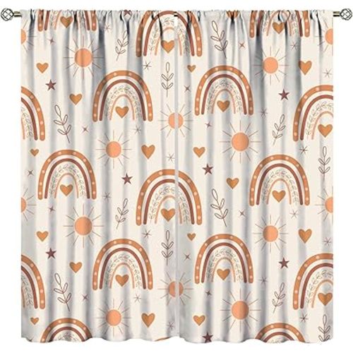 Boho Rainbow Curtains, Lovely Rainbow Love Sun and Brown Peach Star Pattern, Children Boys Girls Bedroom Living Room Nursery Nursery Decorative Curtains, 2 Panel Set,42X45 Inch