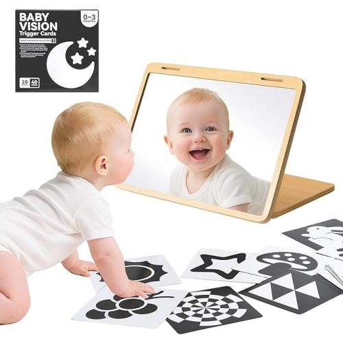 Tummy Time Mirror for Baby Montessori Baby Floor Mirror with High Contrast Black and White Cards Infant Safe Mirror Toy for Newborn
