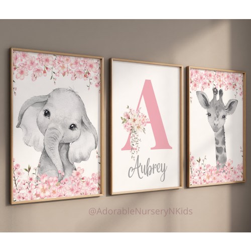 Girl Nursery Decor, Safari Animals, Nursery Wall Art Animals, Pink Nursery Art, Jungle Animal Print, Floral Nursery Prints, Elephant Nursery