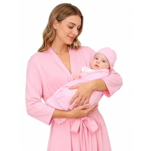 Mommy and Me 3-Piece Maternity Robe and Swaddle Set with Baby Hat | Matching Look for Hospital Bag, Newborn Photos, First Days Home and Expecting Mom Gift