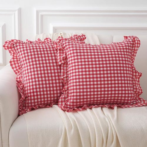 2 Pack Red White Plaid Ruffle Gingham Throw Pillow Covers, 100% Washed Cotton Christmas Decorative Buffalo Checkered Farmhouse Pillow Shams - 18''x18''