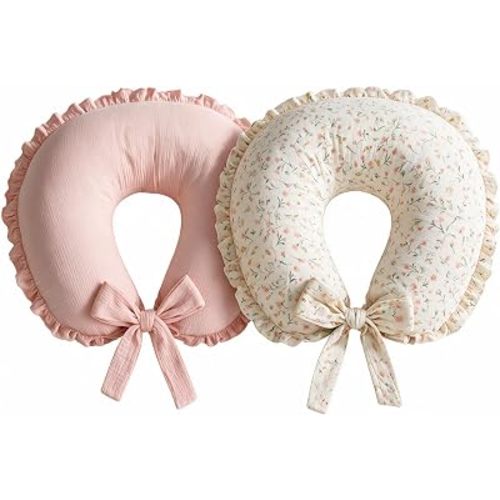 Hooyax Muslin Nursing Pillow Covers 2 Pack, Ruffle Breastfeeding Pillow Slipcovers with Extended Adjustable Strap, Soft Breathable Pillow Cover for Baby Boys Girls, Blush Pink Floral