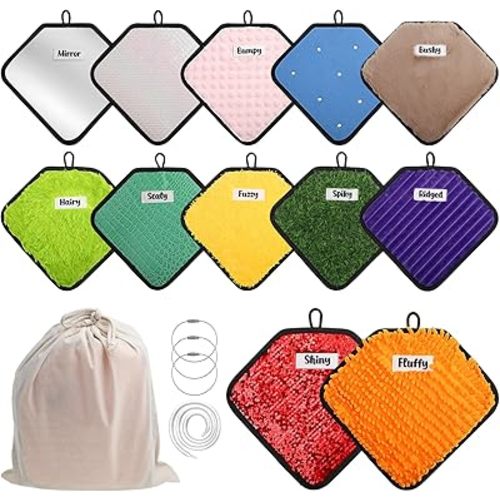 12 Labeled Sensory Mats, Diamond Shape Sensory Toys for Kids with Autism, Assorted Textured Sensory Tactile Wall Panel with Tote Bag for Toddler Learning Classroom Supplies Gift(6×9 Inch)