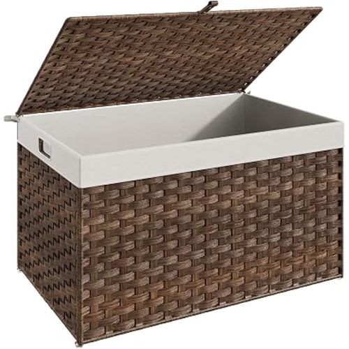 HOOBRO Storage Basket with Lid, 42.3 Gallon (160L) Wicker Basket, Handwoven Blanket Storage Basket with Handles, Metal Frame and Soft Lining, Foldable for Bedroom, Laundry Room, Brown BR216CW01
