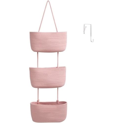 TeoKJ 3-Tier Wall hanging Storage Bags, Over the Door Organizer, Decorative Cotton Rope Hanging Baskets, Pink