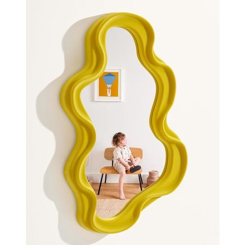 Wavy Wall Mirror Decor for Girly Bedroom Classroom, 16x10 Small Cute Abstract Decorative Mirrors Art Above Dresser Desk Table Decor, Funky Modern Apartment Nursery Room Decoration (Yellow)