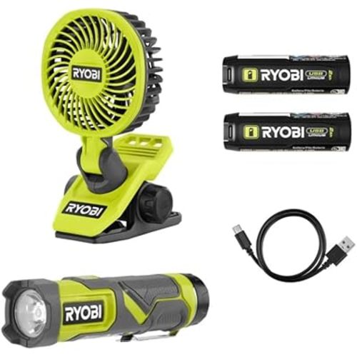 RYOBI USB Lithium 2-Tool Cordless Combo Kit Flashlight Personal Clip On Fan