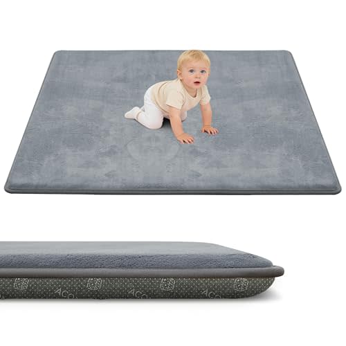 ACOMOPACK 1.3" Thick Baby Play Mat for Floor 71x79"-Large Water-Repellent&Non-Slip Memory Foam Mat for Kids,Toddlers,Soft Velvet Nursery Rug for Tummy Time&Crawling,Yoga,Tatami Style(Grey)
