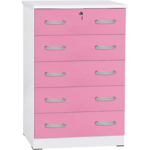 Better Home Products Cindy 5 Drawer Chest Wooden Dresser with Lock in Pink
