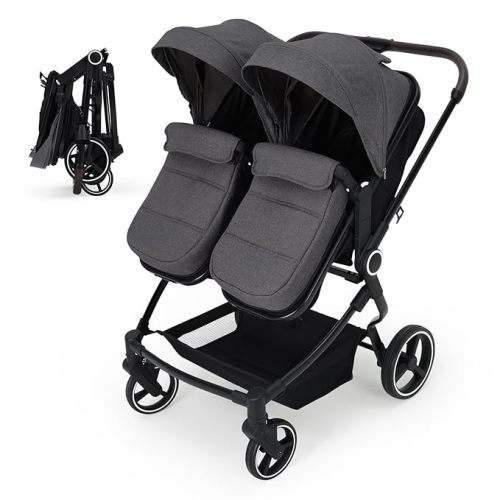 Double Stroller for Twins, Lightweight Side by Side Baby Stroller for Infant & Toddler, High Landscape Double Seat, One-Click Stroller with Adjustable Canopy, Reclining Seats & 5-Point Harness