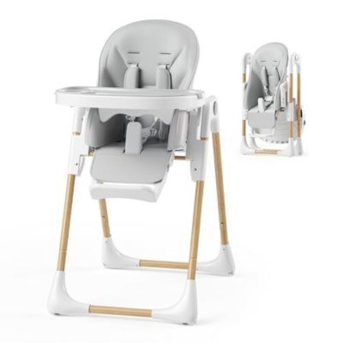 TODECARE Foldable High Chair with Soft Cushion, Height Adjustable Toddler Eating Chair with Detachable Double Trays Wood Grain, Light Gray