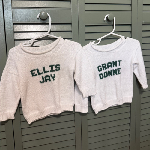 Personalized Baby Sweater: White with Light Blue Font “Colette Hope”