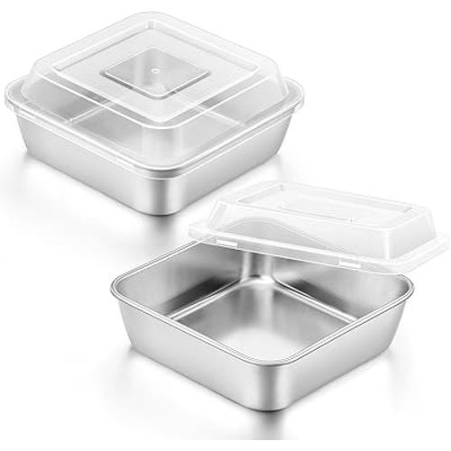 E-far 6 x 6-Inch Square Baking Pan with Lid, Small Stainless Steel Cake Brownie Pans Trays Dishes for Toaster Oven Air Fryer, Healthy & Dishwasher Safe - Set of 2(2 Pans + 2 Lids)