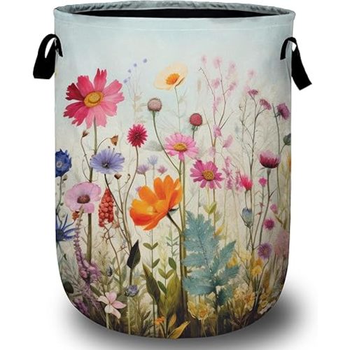 Colourful Blooming Wildflower Laundry Basket, Laundry Hamper Collapsible Oxford Cloth with Handle Clothes Toy Storage Bin for Bathroom Laundry Room Bedroom 15.7 X 20 Inch