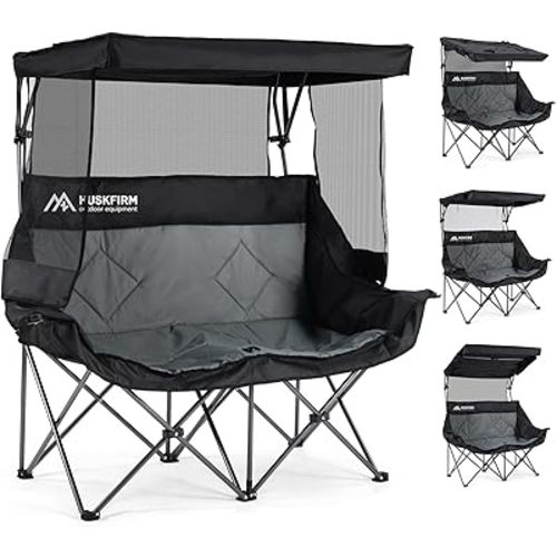 Huskfirm Double Camping Chair with Canopy Shade Folding Double Beach Chair with Adjustable Canopy Heavy Duty Loveseat Camping Chair with Two Cup Holders and Carry Bag for Outside, Beach Fishing Sports