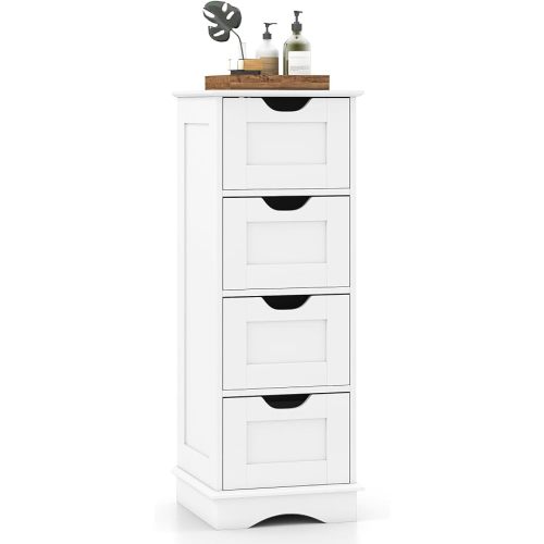 GIANTEX Bathroom Storage Cabinet with 4 Drawers, 32" Freestanding Storage Organizer Unit with Cutout Handles, Anti-Tipping Device, Narrow Floor Cabinet for Hallway, Living Room, Entryway (White)