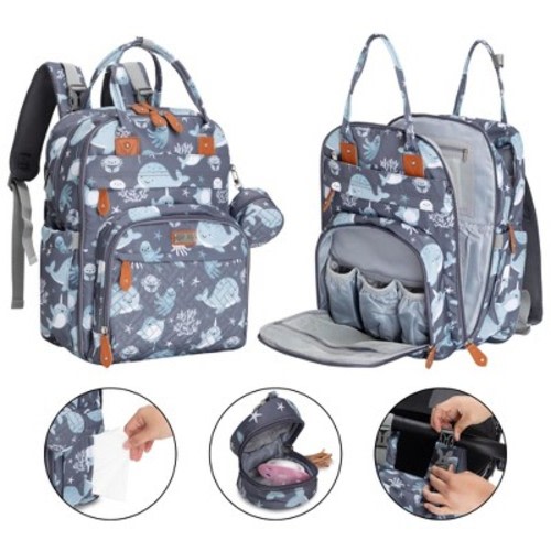 BabbleRoo Diaper Bag Backpack Stylish 26L Hands Free Baby Bag with Changing Pad, Stroller Straps & Water-Resistant, Sea Animals, Large