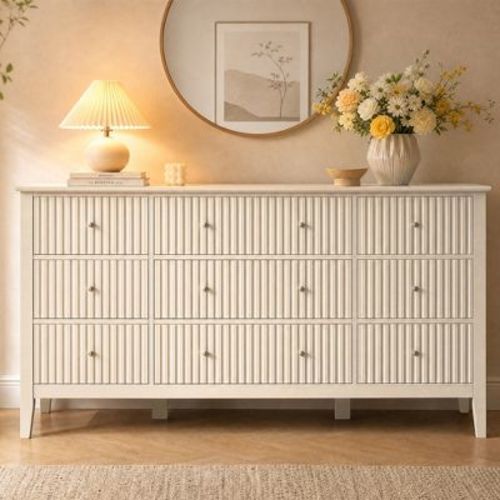Heynemo Fluted 9-Drawer Dresser, Black Wood Wide Chest of Drawers with Gold Knobs, Bedroom Storage Cabinet, Beige