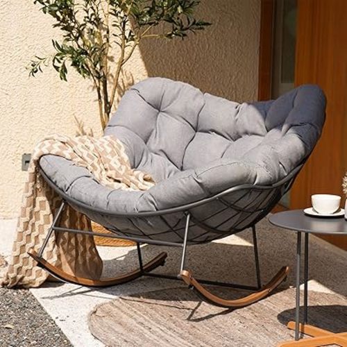 Grand patio Outdoor Rocking Chair, Oversized Papasan Rocking Chair with Thick Cushion, Indoor Outdoor Cozy Rocker for Balcony, Living Room, Patio, Gray