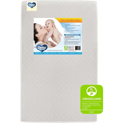 Delta Children Twinkle Stars 3-Inch Mini/Portable Crib Mattress - Premium Sustainably Sourced Fiber Core - Waterproof - GREENGUARD Gold Certified (Non-Toxic) - Trusted 10 Year Warranty - Made in USA