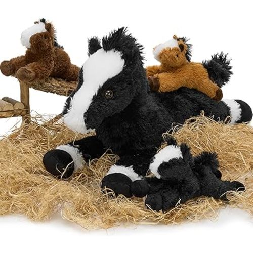 Tezituor 4Pcs Horse Stuffed Animal Set, 21inch Large Stuffed Mommy Horse with 3 Babies Pony Toys for Boys Girls, Black Stuffed Pony Plush Pillow Birthday Party Gift for Kids