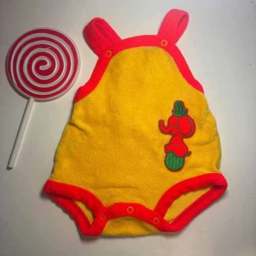 Vtg 70s BABY Overalls ELEPHANT ONESIE : Vintage Terry Cloth size 0-3 Mos Primary Colors CiRCUS Clown Core Bright Yellow Kids Retro Bodysuit