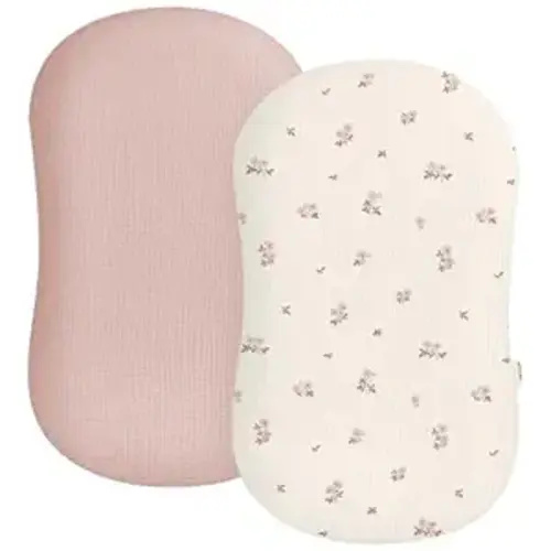 Muslin Baby Lounger Cover 2 Pack, Soft Breathable Newborn Lounger Pillow Cover for Boys Girls Infant (Flower G & Pink)