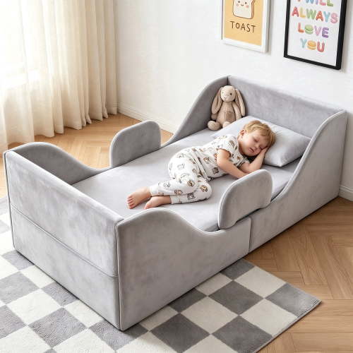 Toddler Bed, Toddler Floor Bed – Low-to-Ground Design with Detachable Guard Rails, Soft Upholstered Transition Bed, Standard Crib Size for kids Ages 1–6, Gray