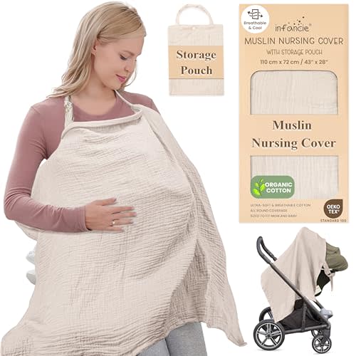 Infancie Premium 100% Organic Cotton Muslin Nursing Cover 43 x 28 Inches – Breathable, Lightweight & Privacy Wrap for Mothers, Soft Multi-Use Breast Feeding Covers for Women for Home & Travel, Beige