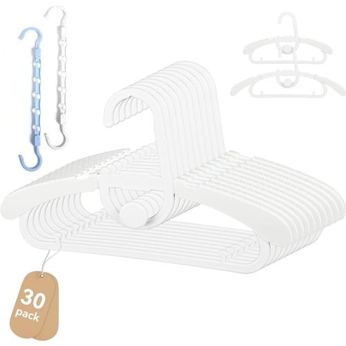 30 Pack Baby Kids Clothes Hangers Adjustable Stackable for Infant to Children - Thick Plastic, Non-Slip, Space Saving, White