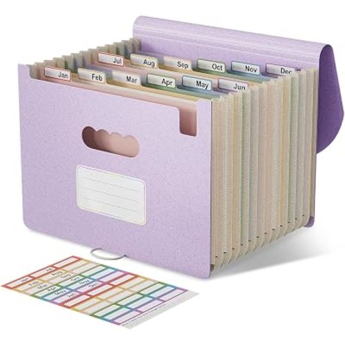 EcoStash Accordion File Organizer, 12-Pocket Wheat Straw Expanding File Folder, Portable Monthly Bill & Tax Receipt Organizer, Letter/A4 Size Document Holder with Colorful Tabs-Lavender Purple