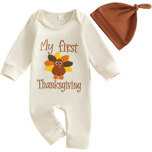 Newborn Baby Boy Thanksgiving Outfit Turkey Waffle Romper Jumpsuit