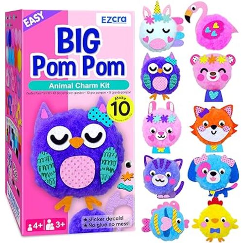 EZCRA Kids Crafts Ages 4-8 – 10 Plush Pom Pom Animal All-in-One DIY Craft Set – Felt Stickers, Educational & Creative Gift for Girls & Boys