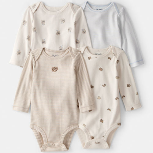 Baby 4-Pack Snack Time Long-Sleeve Multipack Bodysuits - Blue/White/Brown | Carter’s Oshkosh Canada