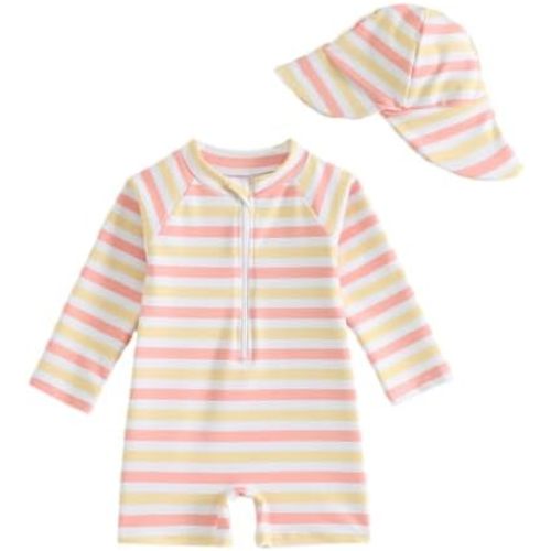FishingDino Baby Swimsuit Newborn Girl Boy Rash Guard Set 0M-3T, Long Sleeve UPF Toddler Bathing Suit with Hat & Front Zipper