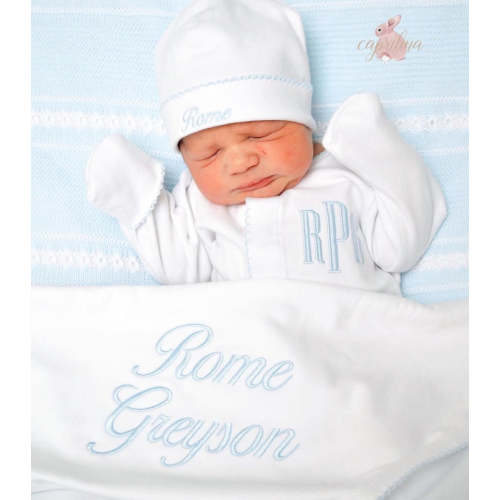 White & Baby Blue Personalized Baby Coming Home Set – Caprilina