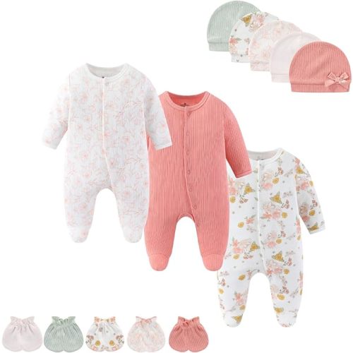 MAMIMAKA Baby Boy Girls Clothes 2-Way Zip Footed Long Sleeve 100% Cotton,Newborn Caps and Scratch Mittens Set 0-6 Months
