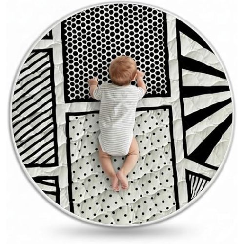 Byrd & Blume Reversible Round Baby Play Mat – Black & White Print/Solid Gray