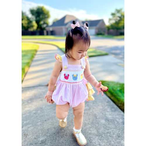 Hand-Smocked Mickey Mouse Romper/ Pink Gingham Ruffle Butt Mickey Bubbles