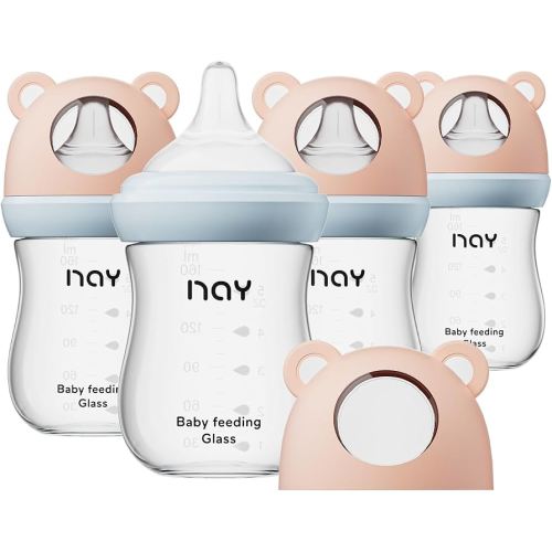 Natural Glass Baby Bottle for Breastfeeding Babies, 5.4oz Anti-Colic Baby Bottle with Natural Response Nipple(S), Clear, Wide Neck, 4 Pack, 1 Months+