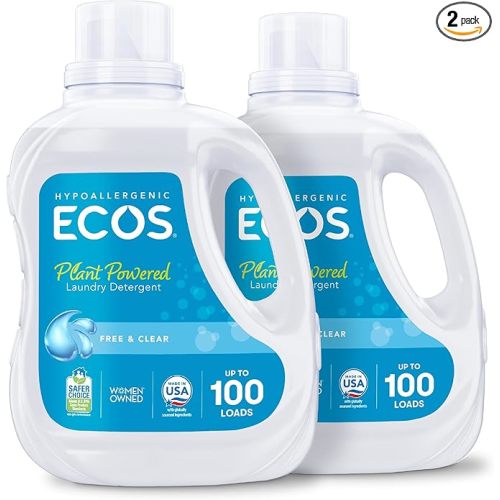 ECOS Laundry Detergent Liquid, 200 Loads - Dermatologist Tested Laundry Soap - Hypoallergenic, EPA Safer Choice Certified, Plant-Powered, Free & Clear, 100 Fl Oz (Pack of 2)