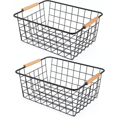 Black 2PCS Wire Storage Baskets with Wooden Handles - Organizing Pantry and Kitchen Cabinets - Metal Wire Food Storage Basket