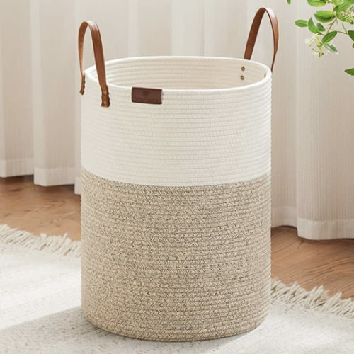 VIPOSCO Tall Laundry Basket, Large Dirty Clothes Hamper with Leather Handle, Woven Rope Storage Basket for Blanket, Toy In Living Room, Bathroom, Bedroom - 58L White & Brown