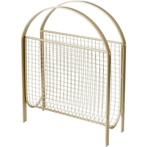 MyGift Mid-Century Design Magazine Rack, Matte Black Tone Metal Mesh Freestanding Magazine Organizer Holder Sling (Brass)